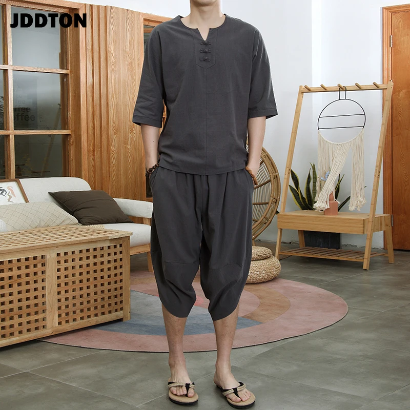 Костюм JDDTON мужской из хлопка и льна свободный комплект одежды двух предметов