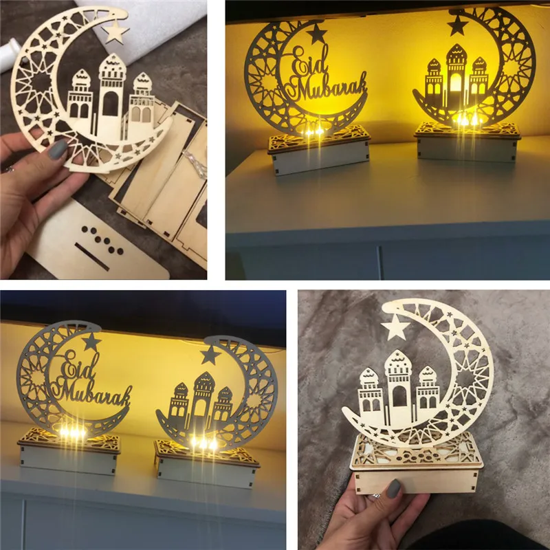 

Ramadan Decoration Ornament LED Light Palace EID Mubarak Decor Muslim Moon led wooden ramadan handicraft decoration lamp