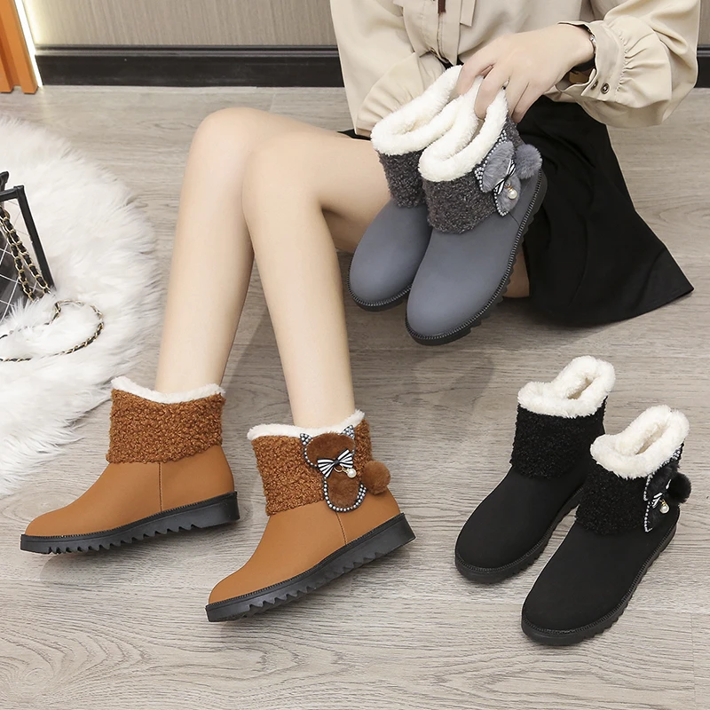 

Velvet Women Flat Platform Snow Shoes for Winter Pearl Kitten Decoration Women's Ankle Martin Boots botas de mujer Women Shoes