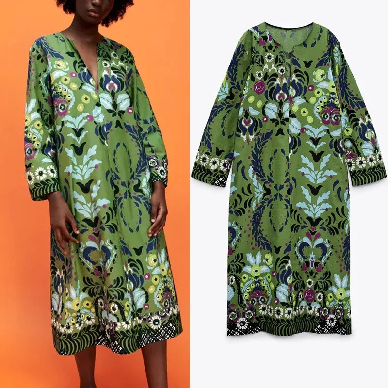 

Dress Woman Za 2021 Green Long Dress Women Vintage Print Long Sleeve Midi Summer Dresses Loose Casual Ladies Dresses