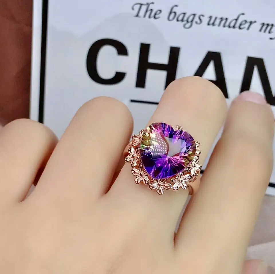 Earrings MeiBaPJ Природный Аметрин прекрасный свадебный и вечерний сердечко Ювелирный Набор 925 ожерелье из чистого серебра и кольцо костюм для женщин - Цвет камня: Earrings