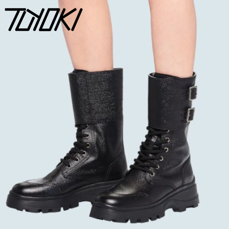 

Tuyoki Real Leather Women Mid Calf Boots Women Winter Shoes Woman Buckle Fashion Platform Short Boots Footwear Size 34-39