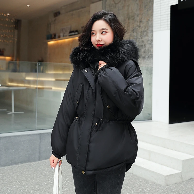

Nice Women Winter Jackets Down Cotton Hooded Coat Lace-UP Parkas Mujer Coats Short Coat Fashion Female Fur Collar Coats