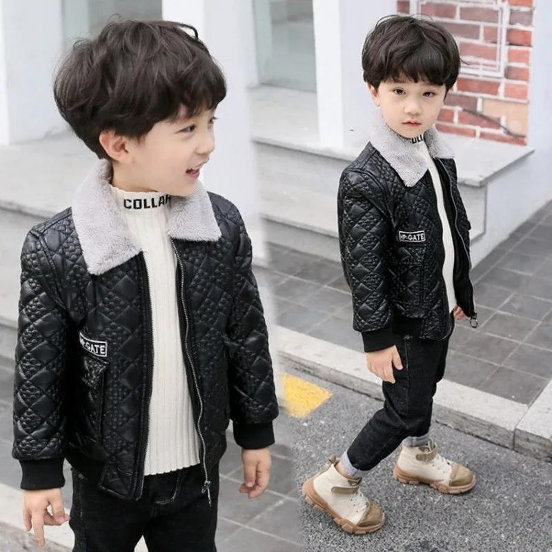 

4-12T Boys Leather Jackets Plus Velvet Warm Turn Collar Black Leather Coat 2020 New Boys Winter Clothes 110-160 High Quality