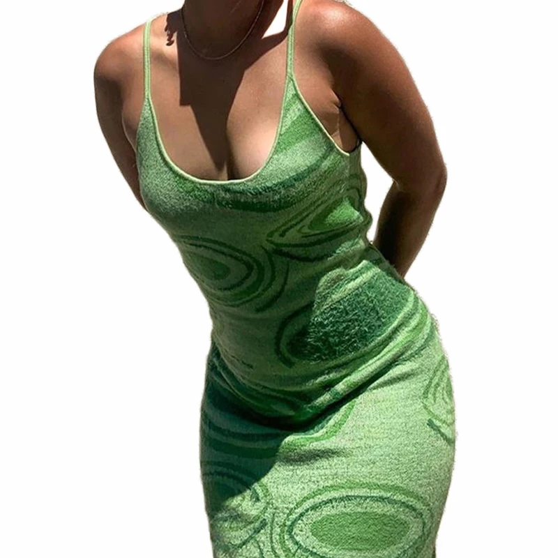 Knit Bodycon Dress Women Summer Hollow Out Sexy Sleeveless Spaghetti Strap Beach Midi Size Dress Summer 2022