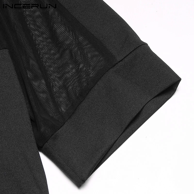 INCERUN Comfortable Homewear New Mens Sexy Casual Short Jumpsuits Solid Color Splicing Breathable Mesh Sleeveless Bodysuit S-5XL