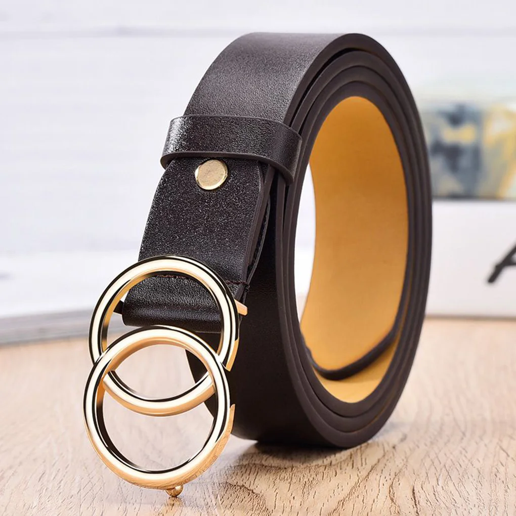 

Double Ring Circle Button Belt Leisure Jeans Fashion Dress Women Leather Belt Simple Solid Color Girls Adjustable Waist Strap