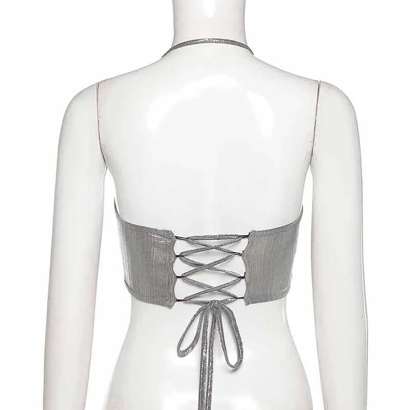 

MissThalia Sexy Off Shoulder Backless Bandage Female Camisole Summer Party Vacation Beach Slim Shiny Silver Irregular Halter Top