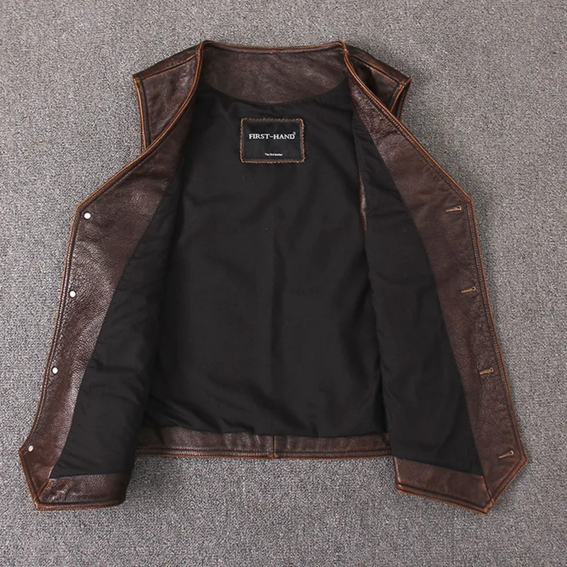 2020 Vintage Brown Men American Casual Style Leather Vest Plus Size XXXL Genuine Cowhide Spring Short Natural FREE SHIPPING | Мужская