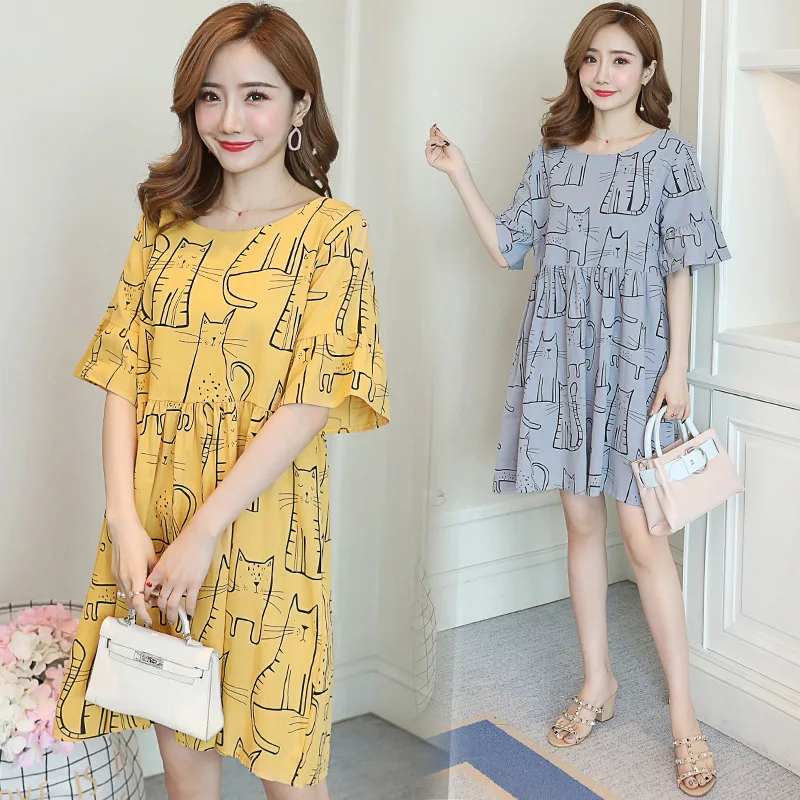 

2020 летнее платье для беременных женщин средней длины с мультяшным котенком свободное платье для беременных женщин с бантом