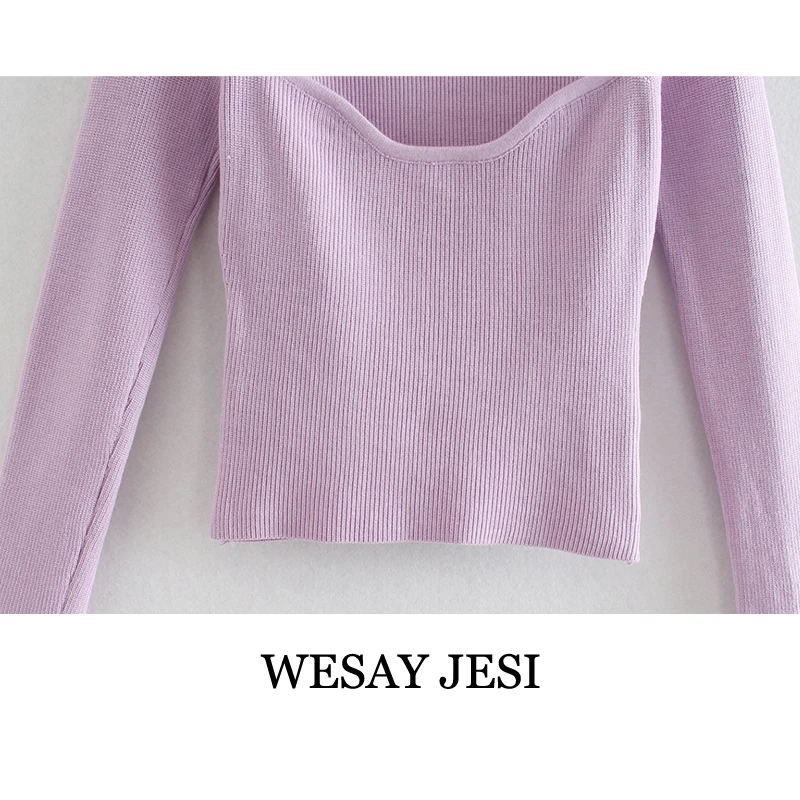 

WESAY JESI Women's 2021 Fashion Sexy Stretch Slim Knit Pullover Low Cut Retro Square Collar Long Sleeve Soft Women Street Wear