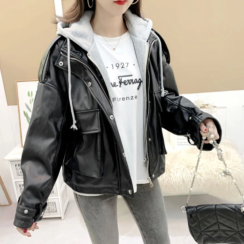 

High Street Women Pu Leather Jacket Loose Fit Hooded Biker Short Coat Female Autumn Fashion Zip Big Pocket Black Cargo Jackets