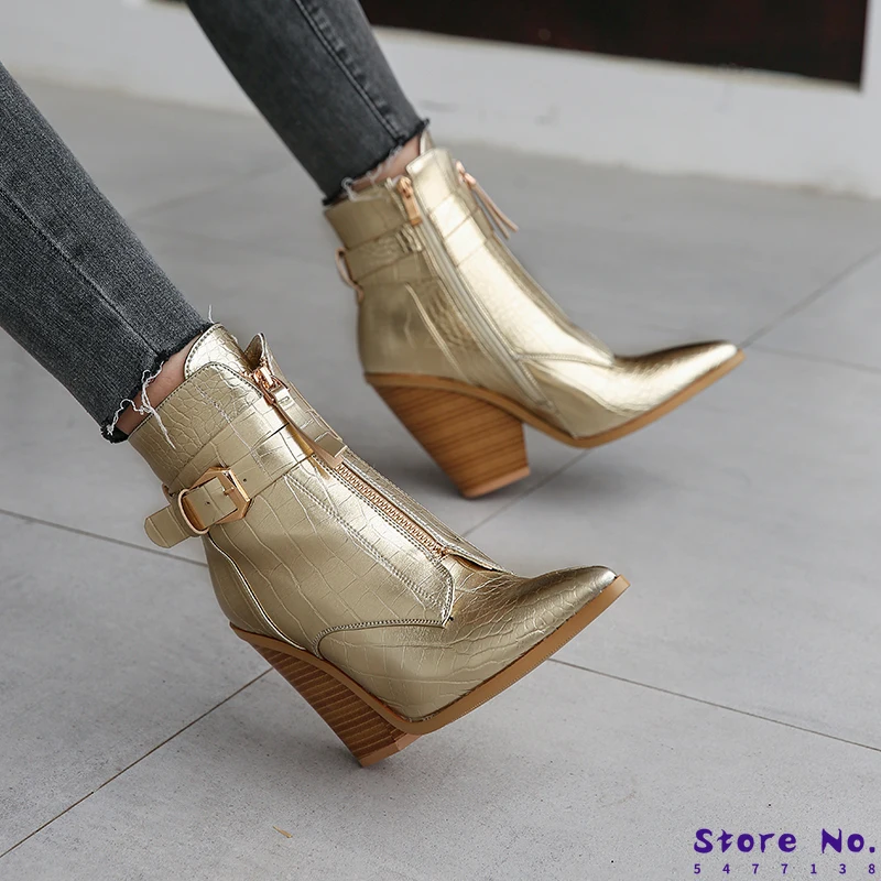 

New Gold Snake Print Ankle Boots For Women Wedge High Heels Boots Woman Runway Design Chunky Heels Botas Mujer Western Boot