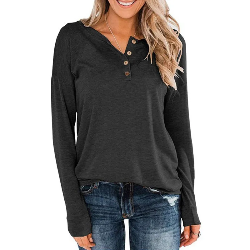 

Spring Women Long Sleeve T-shirt Women Elegant Simple Pure Color Button Design Retro V Neck Autumn Ladies Tees Top Mujer Clothes