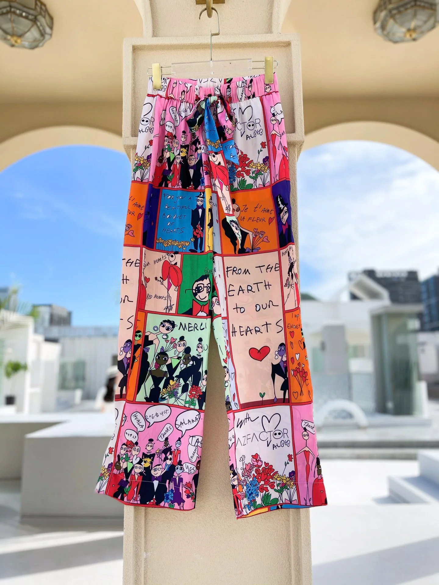 

Hand-Painted Women Long Pants European Wide Leg Trousers Summer High Street Chic Ins Runway All-match Patchwork Cartoon Printed