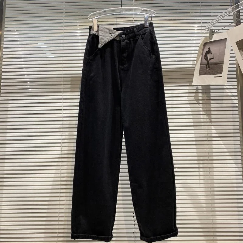 

2021 Autumn New Wide Leg Denim Jeans Korean Basic Style Small Flanging Waist Wash Loose Straight Jeans Women