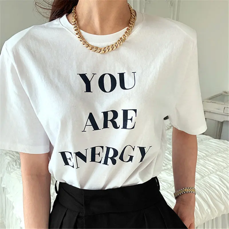 

HziriP White Printed Letters Summer Chic Office Lady 2021 Cotton All Match Streetwear New Loose Femme Casual Basic T-shirts
