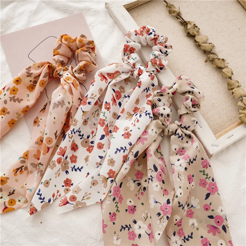Однотонная/с цветочным принтом бант атласная Длинная лента хвост шарф заколка