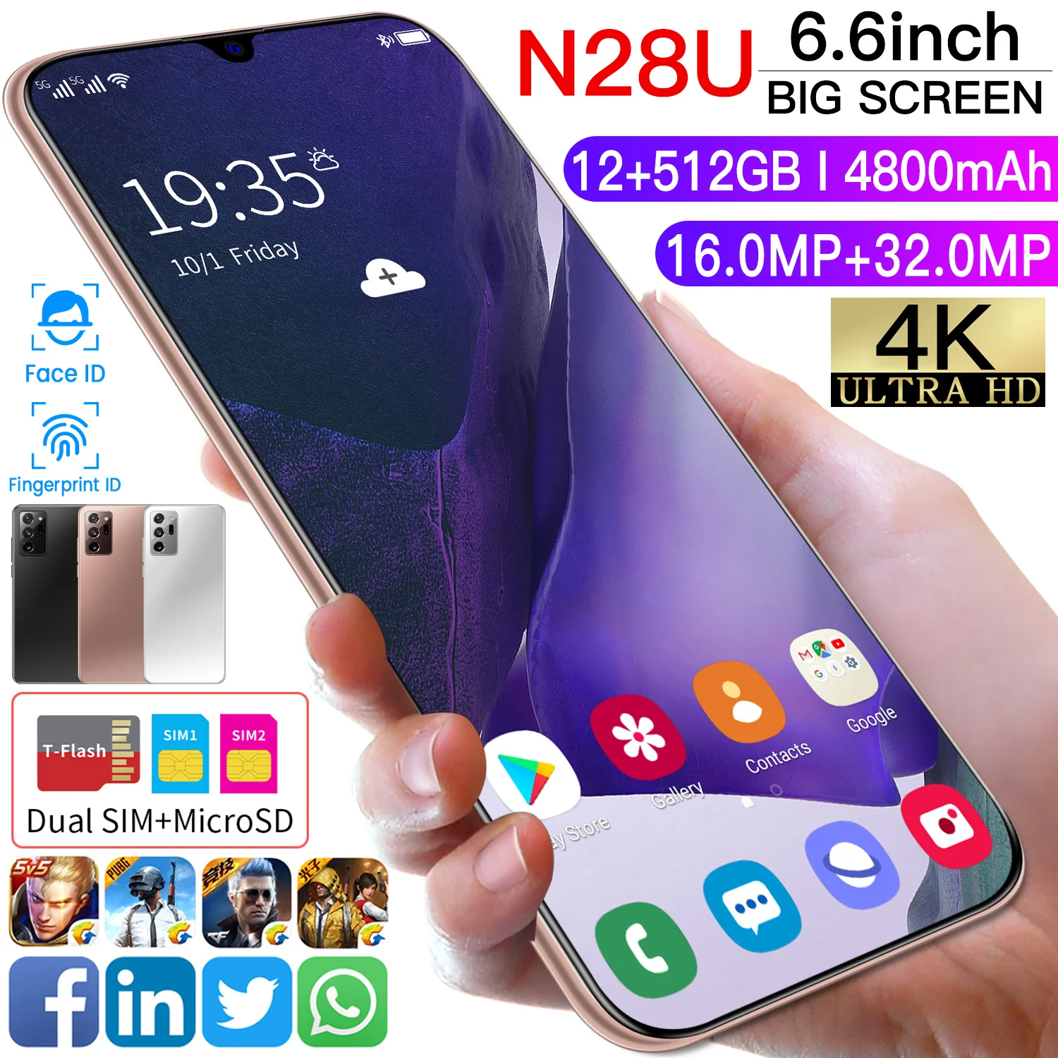 

HD Full Global Version 6.6 Inch N28U Smartphone 4G5G 4800mAh Dual SIM Support Cellphone 12+512GB Fingerprint\Face ID Cellphone