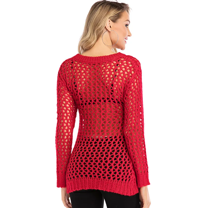 

Sexy Mesh Hollow Women Sweater Knitted Pullover Spring Autumn Perspective Tops Long Sleeve Slim Fashion Female Clothing