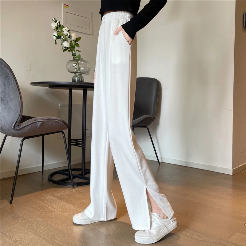 

White Casual Pants Women's Spring/Summer 2021 New High Waist Slit Pants Gray Wide Leg Pants Loose Straight Trousers