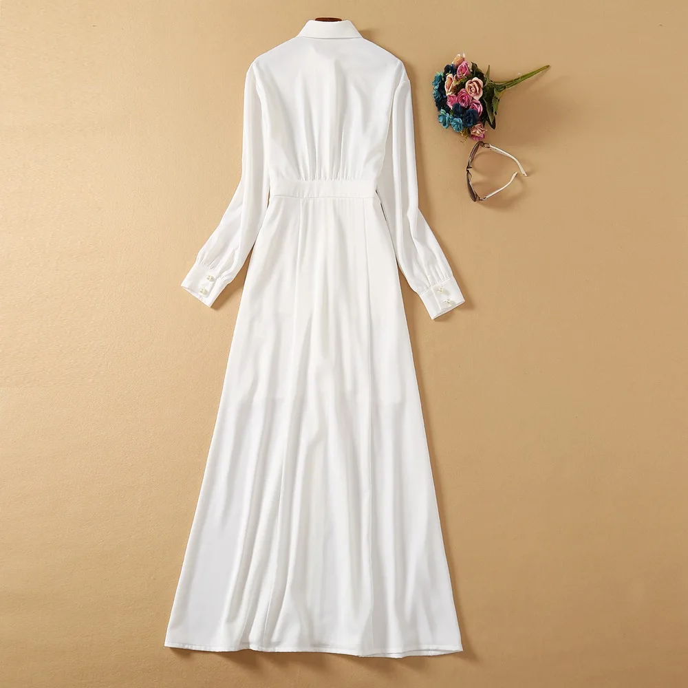 

Lady High Street Christmas Festival Dress Women's Long Sleeves Turn Down Collar Ankle Length White Party Dresses