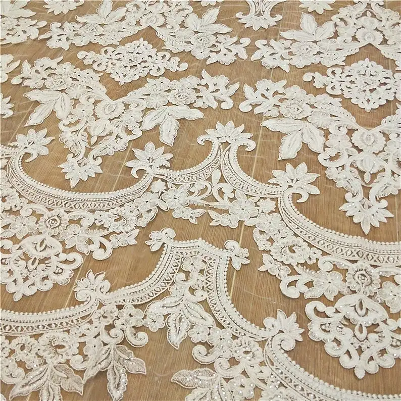 

Off White Antique Cotton Thread Embroidery Lace Fabric Tulle Floral Sequins Dress Wedding Veil 51" Width By The Yard