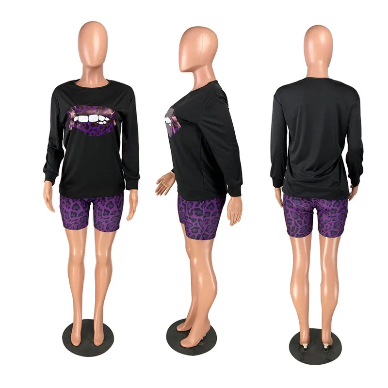 

Adogirl Leopard Lip Print Casual Two Piece Set for Women Long Sleeve Loose Sweatshirt Top Shorts Tracksuit Fashion Outfits Suit