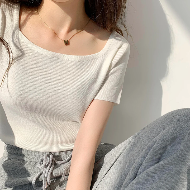 

shooting square neck French ice silk top women's summer 2021 new knitted short sleeve clavicle high waist short T-shirt