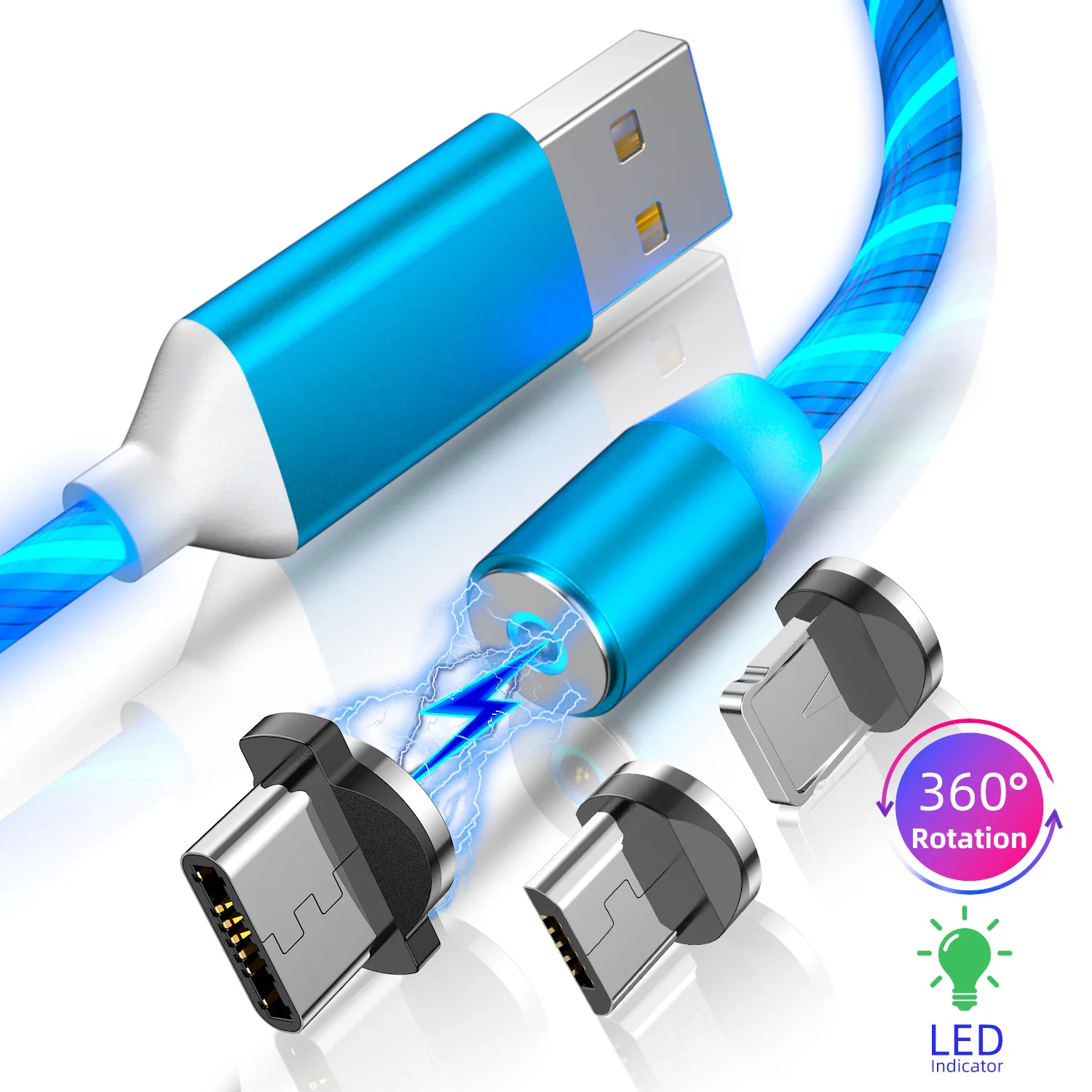 

GTWIN Flowing Light Magnetic Charging Mobile Phone Cable For iPhone Huawei Samaung Xiaomi LED Micro USB Type C Charger Wire