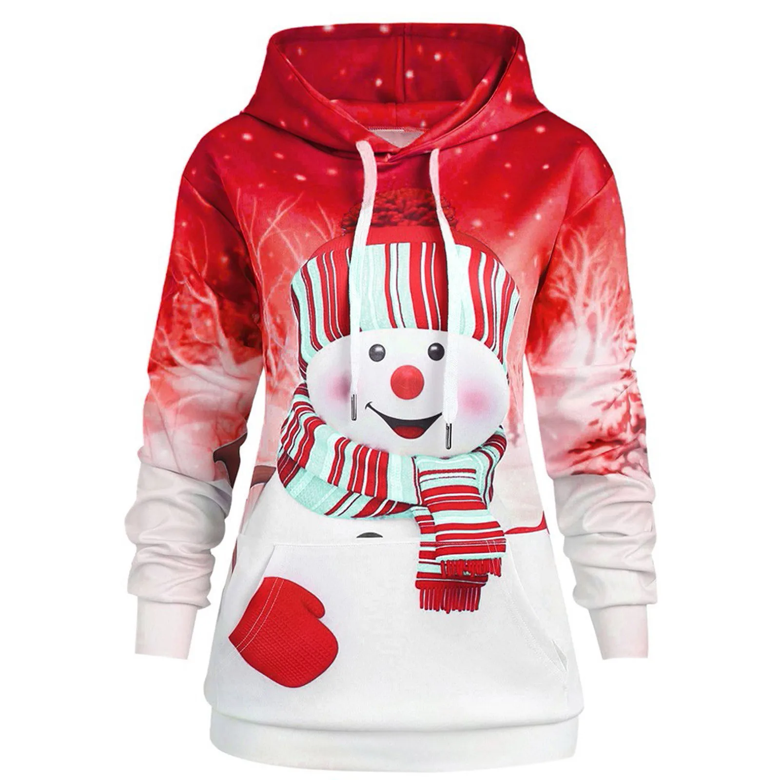 Women Long Hoodie Christmas Cute Cartoon Snowman Print Sweatshirt  Big Pocket Pullover Autumn Winter Warm Pullover Tops
