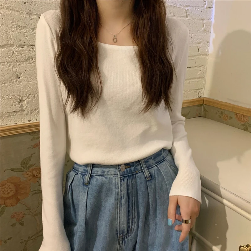 

Large Size Women's Bottoming Shirt 2021 Spring Pure Color All-Matching Square Collar Sweater for Plump Girls Slim Fit Underwear