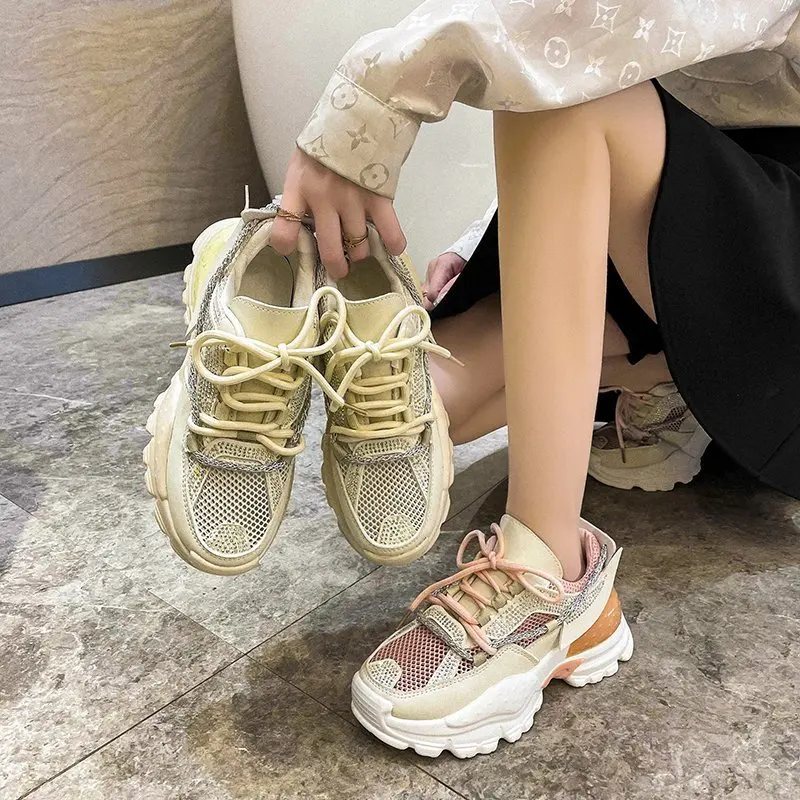 

Color Matching Old Shoes Women's Popular Summer New Style Mesh Lace-up Sneakers Platform Casual Women Shoes
