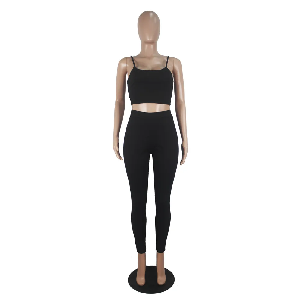 

Women 2 Piece Tracksuit Sets Solid Color Sling Sleeveless Bodycon Cami Top + High Waist Long Pants Sport Outfits