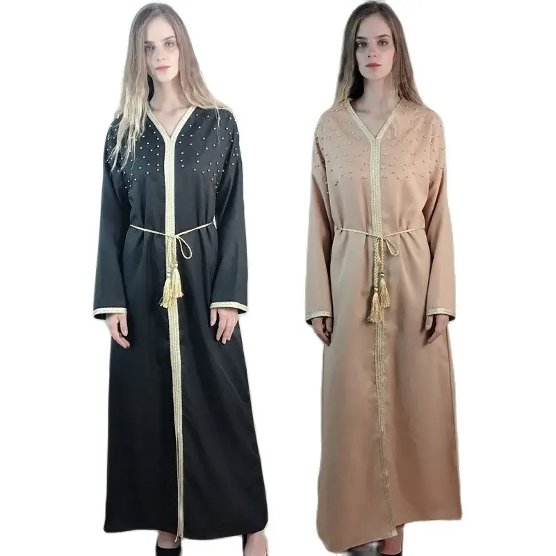 Мусульманское Летнее Длинное Платье, платок, Арабский кафтан, Женский вышитый жемчужинами Дубай 2021, модное женское элегантное платье