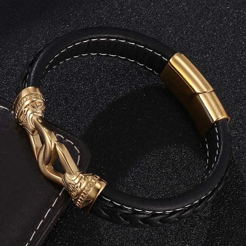 

Black Leather Bracelets Bangles Men Jewelry Vintage Totem Gold Stainless Steel Magnetic Buckle Punk Male Wristband Gift SP0811