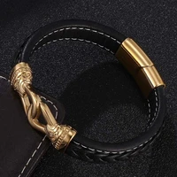 black leather bracelets bangles men jewelry vintage totem gold stainless steel magnetic buckle punk male wristband gift sp0811