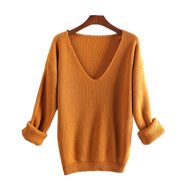 

JCHB Oversize Sweater Women V-neck Cashmere Wool Autumn Winter Long Sweater Loose Soft Knit Jumper Female Pullover Sexy Sweater