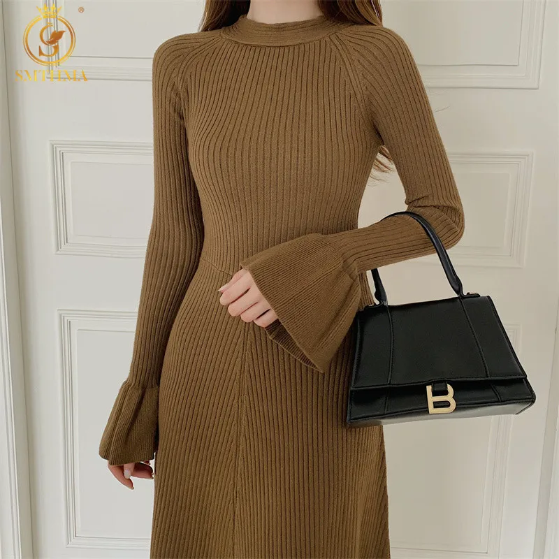 

SMTHMA Warm Winter Elegant Temperament Knitted Sweater Dress Ladies Flare Long Sleeve Front And Back Two Wear Midi Dress