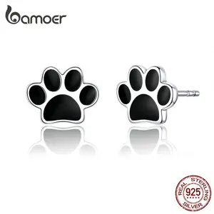Серьги-гвоздики bamoer Dog Paw из серебра 925 пробы для девочек с черной эмалью, ювелирные изделия из стерлингового серебра 2019 SCE757