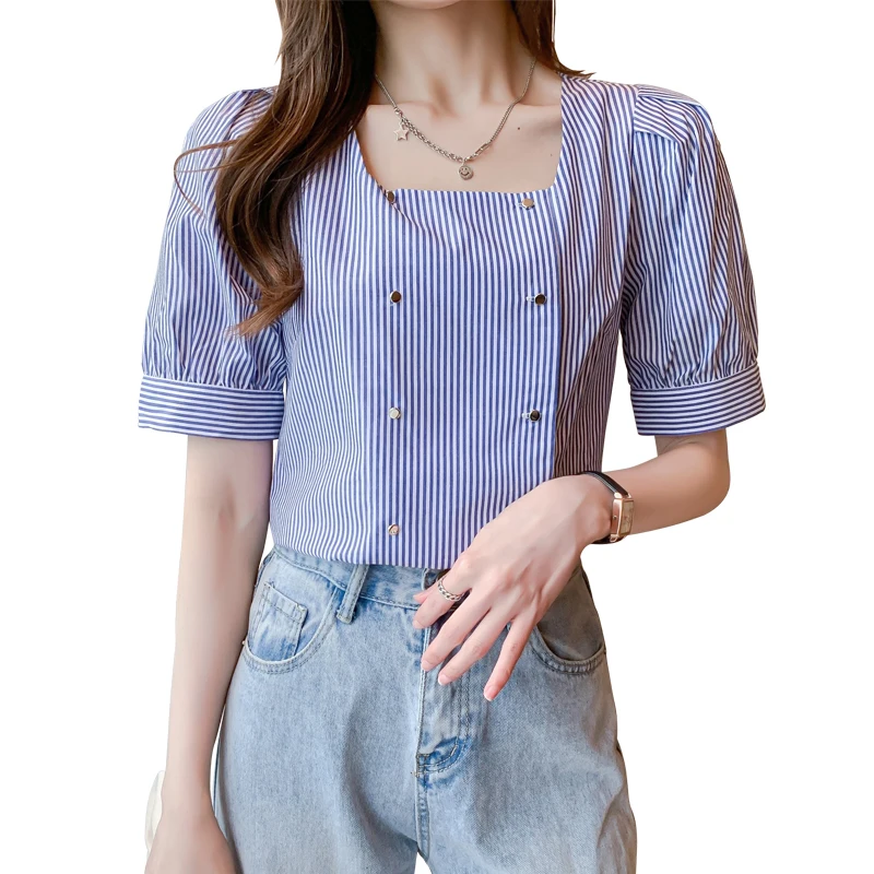 

COIGARSAM French Style Striped Shirt Womens tops New Summer Lantern Sleeve Square Collar Women shirts Pure Cotton Stripe 8132
