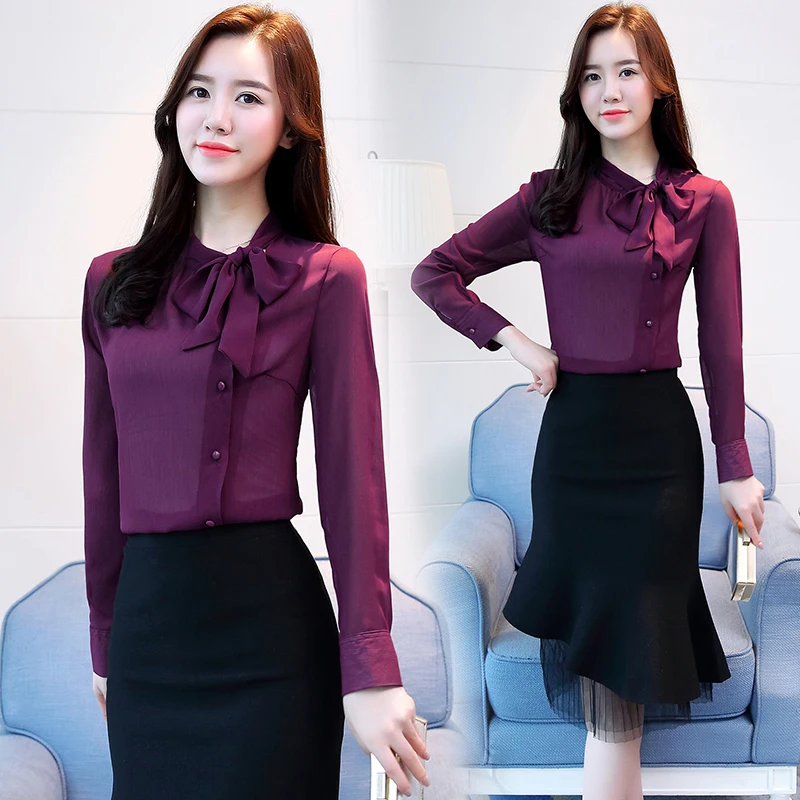 однотонная фиолетовая формальная женская блузка Женская одежда с бантом весна