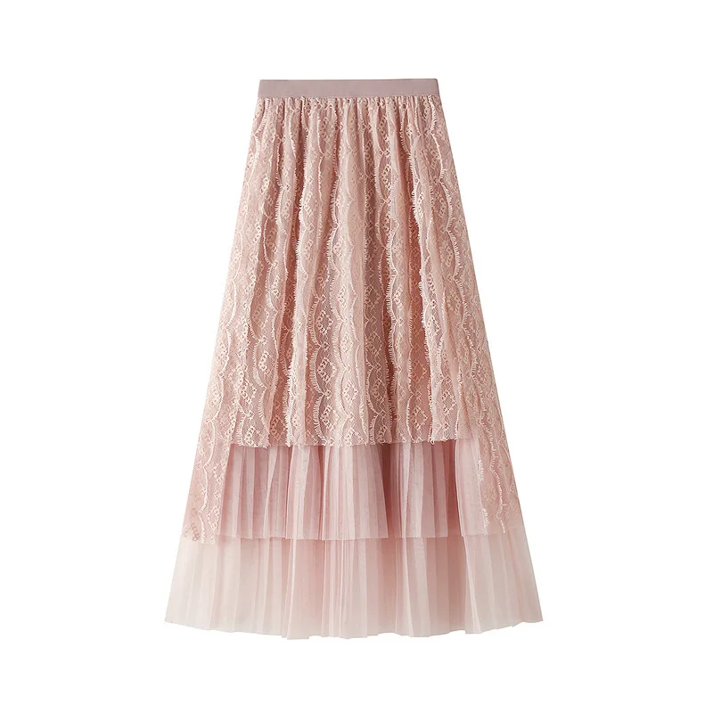

Hollow Out Lace Mesh Skirt Women Spring Summer 2021 Korean Young Preppy Style Tassel Lace Irregular Long Skirts Pink Faldas
