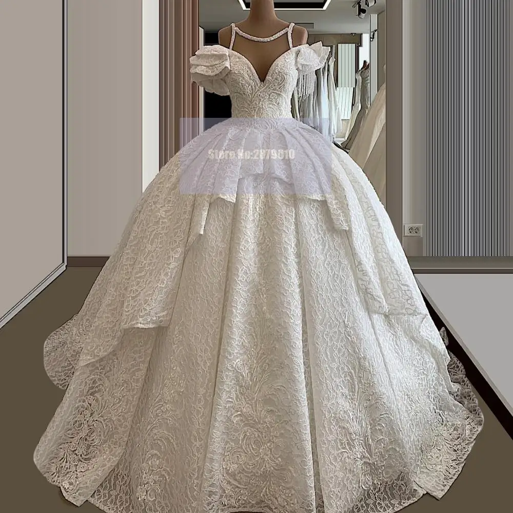 

Luxury Glamorous Wedding Dress Ball Gown Floor-Length Lace Applique Beaded Tassel Vintage Wedding Gown Bridal Gowns 2020 Dubai