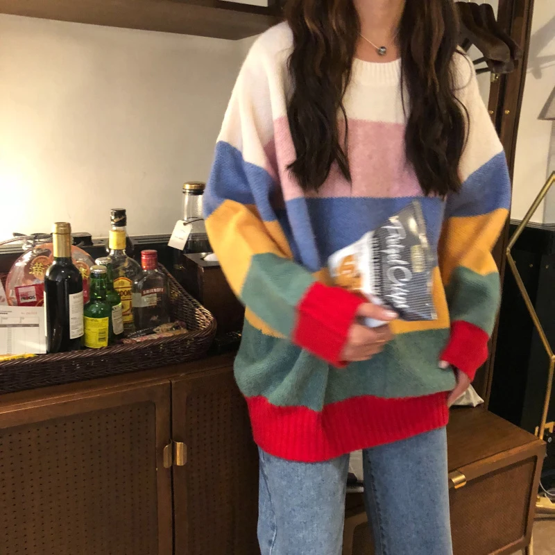 Свитер женский в радужную полоску винтажный джемпер стиле Харадзюку трикотажный