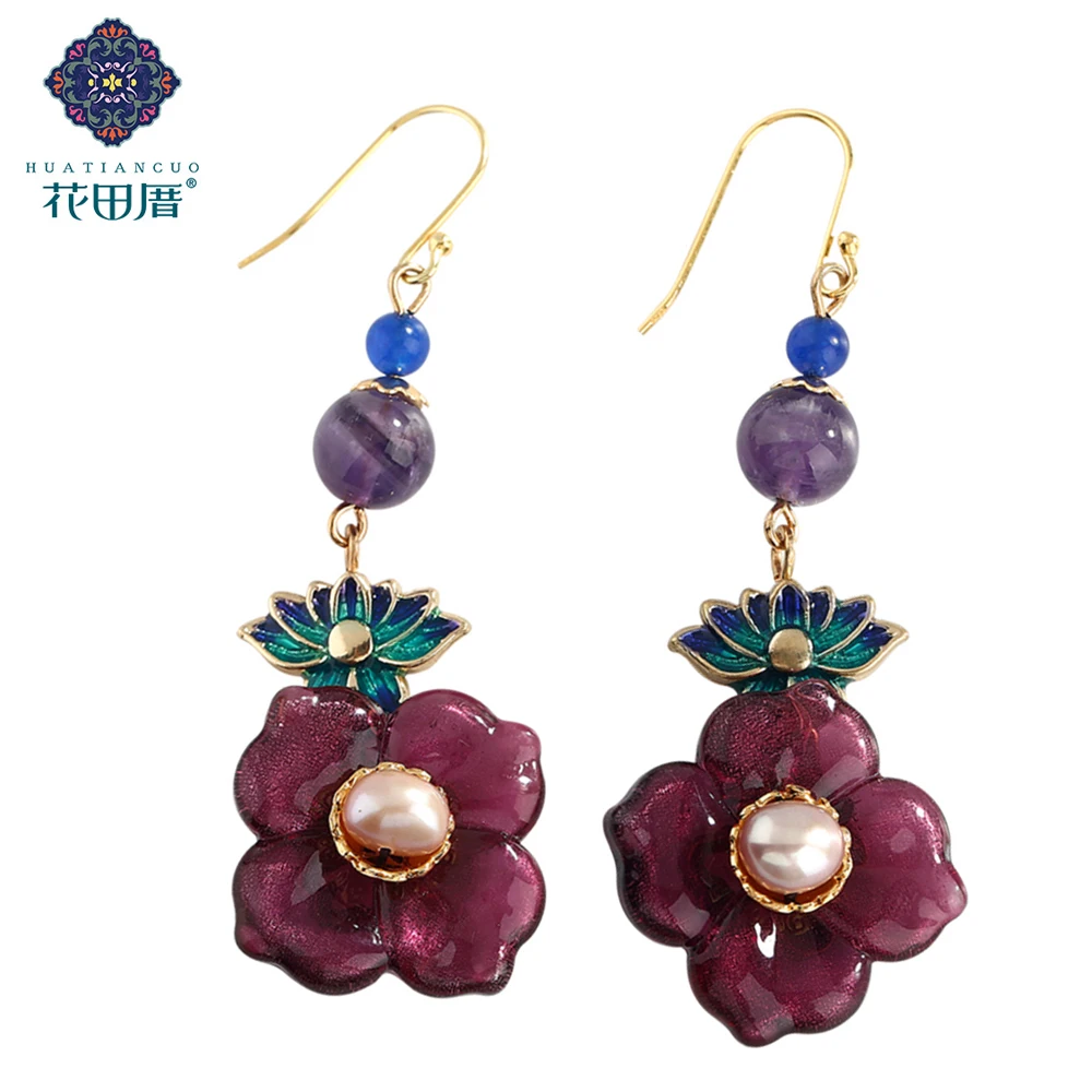Фиолетовые цветные стеклянные этнические серьги с цветами Пресноводный Жемчуг