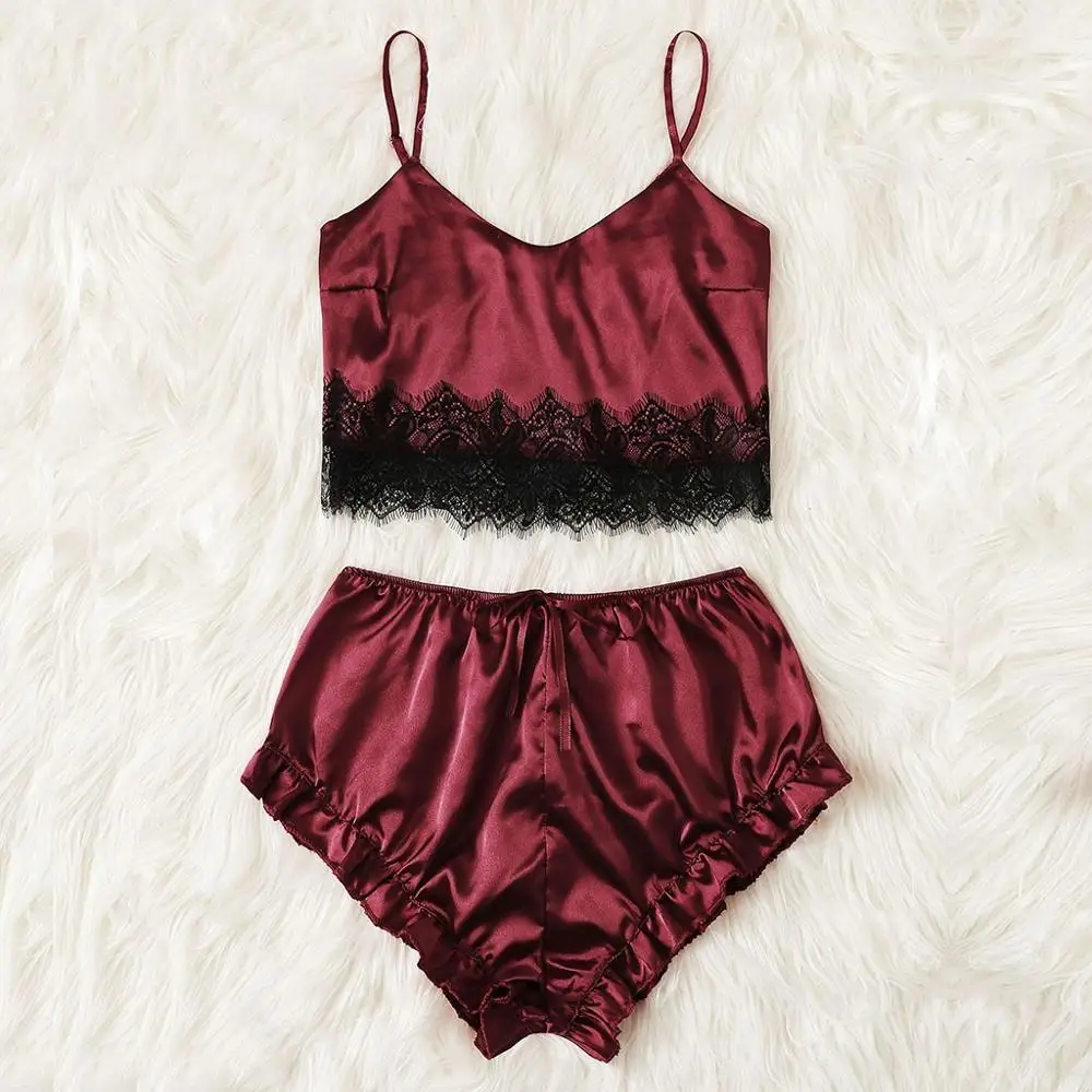 Повседневная Женская одежда для сна набор модная винно-красная сексуальная