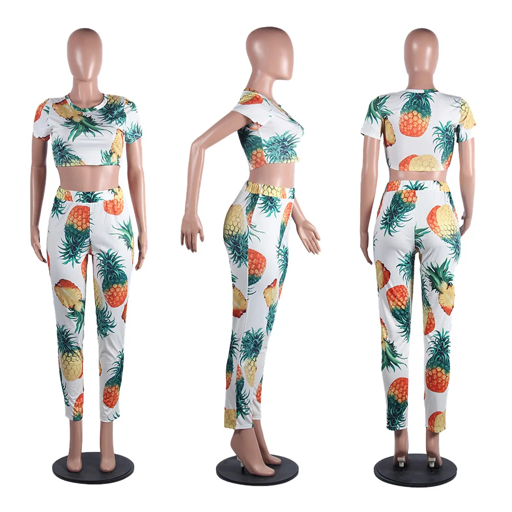 

Cute Fruit Cartoon Print Two Piece Set 2020 New Design Summer Streetwear Women O Neck Crop T-shirt And Leggings Tracksuit