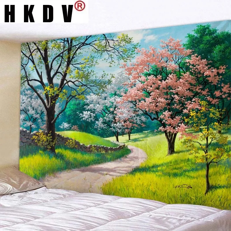 HKDV весенний пейзаж гобелен настенные коврики стене висит ткань настенная