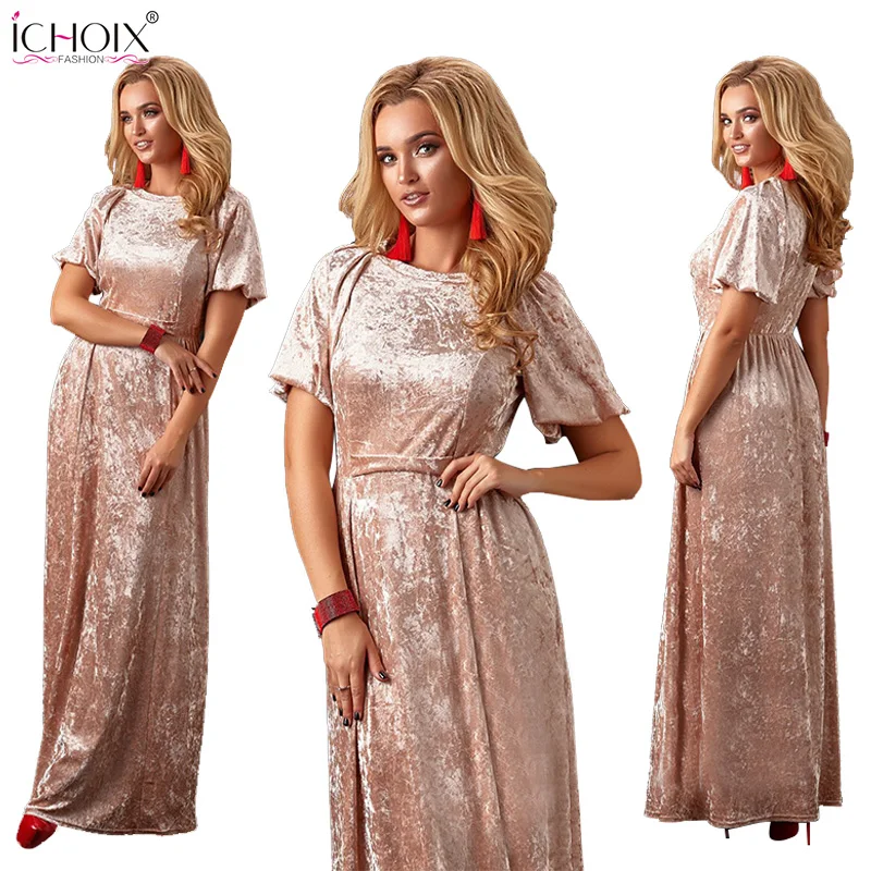 Женское длинное бархатное платье ICHOIX зеленое в пол сексуальное облегающее